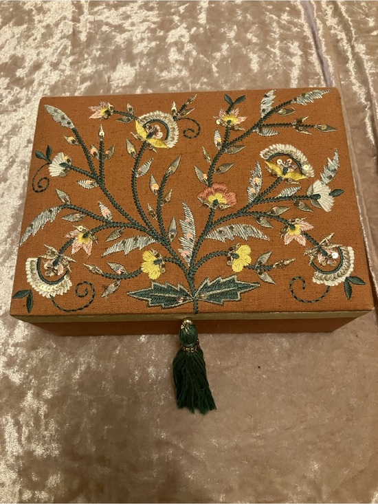 Other - Embroidered boho Floral Jewelry Box in Burnt Orange with Green Tassel